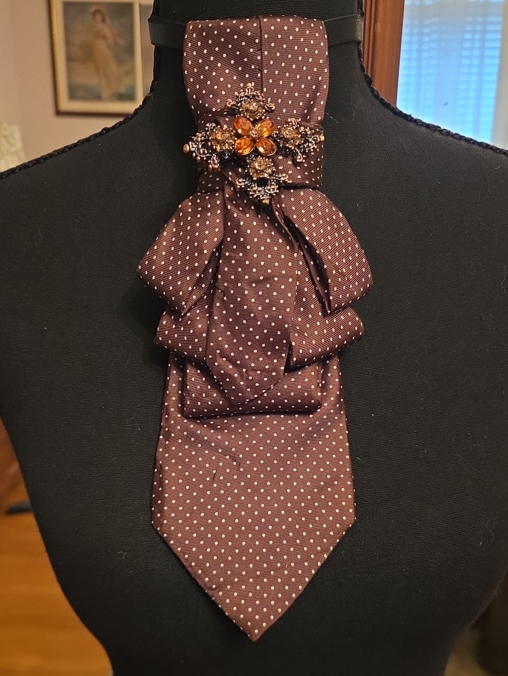 Polka Dot Brown Satin Cravat with Amber Brooch